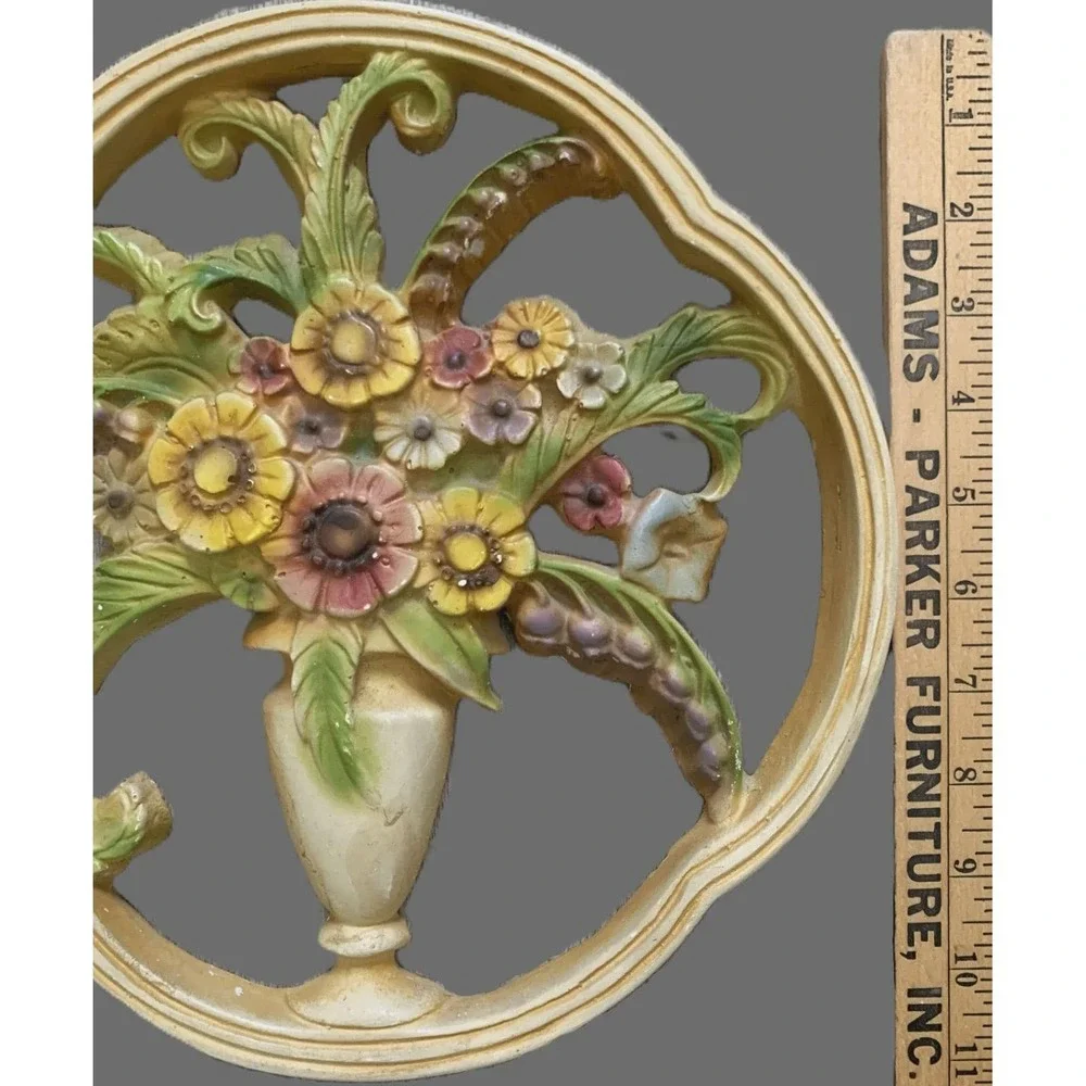 Vtg 1940s Victoriana Chalkware Antique Vase of Flowers Wall Art Plaque Charming!